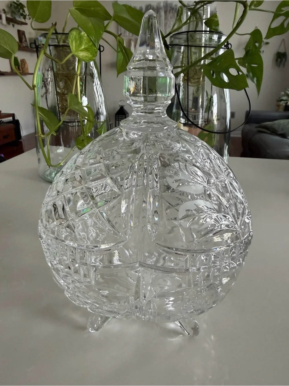 Vintage Cut Crystal Covered Candy Dish 10” Footed Lidded Trinket Bowl NWOT